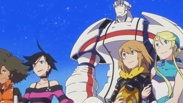 Personagem de anime sentado ao lado de um robô gigante em um campo de ia  generativa